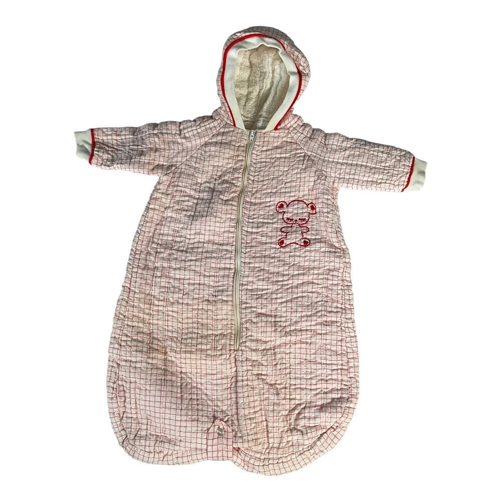 Vintage Baby Hooded Bunting Pram Suit Red Check Terry Cloth Lined 0-6M Retro
